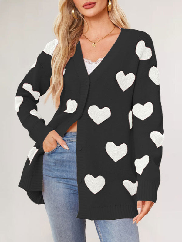 Valentine’s Day Heart Knitted Midi Jacket V-Neck Button Cardigan - Black / S