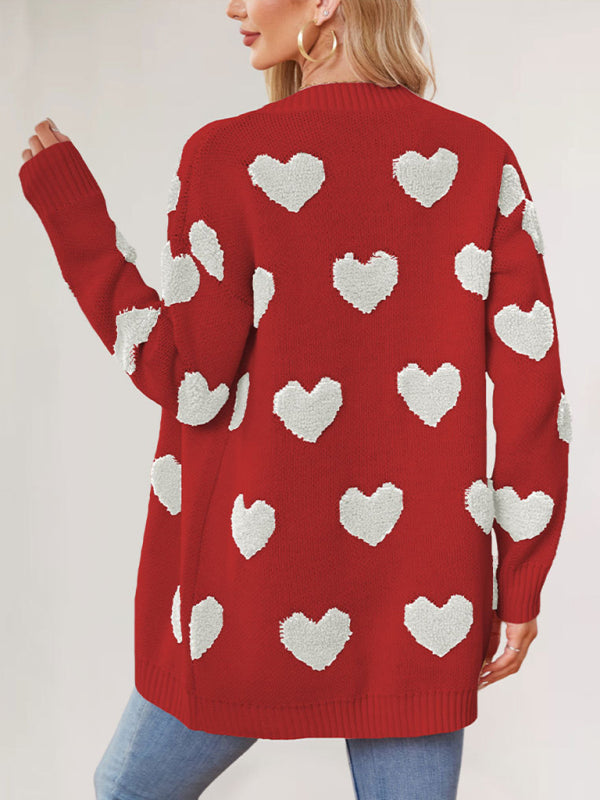 Valentine’s Day Heart Knitted Midi Jacket V-Neck Button Cardigan