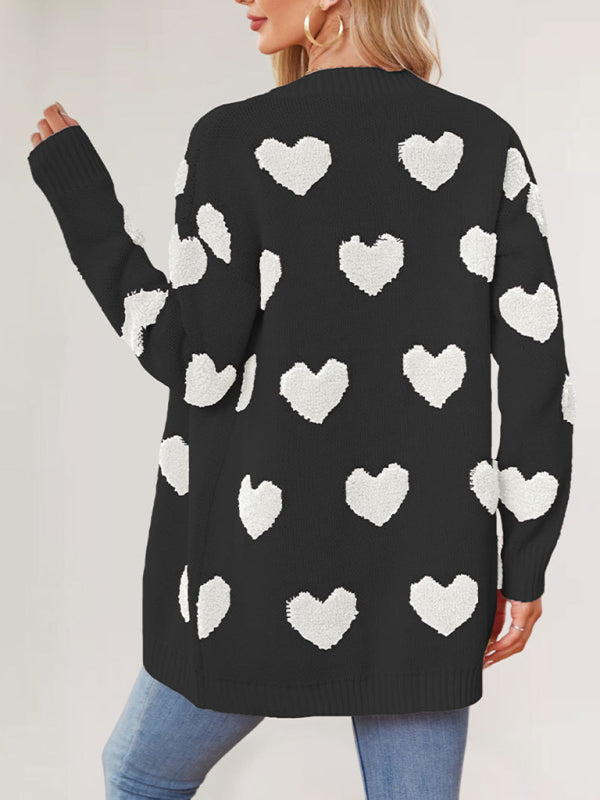 Valentine’s Day Heart Knitted Midi Jacket V-Neck Button Cardigan