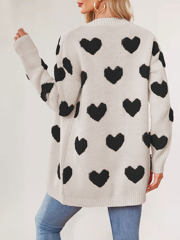 Valentine’s Day Heart Knitted Midi Jacket V-Neck Button Cardigan