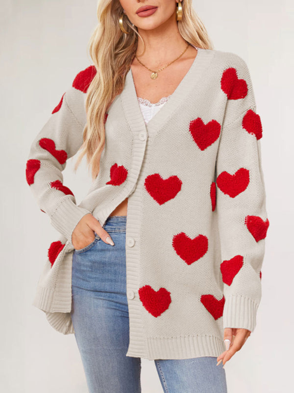 Valentine’s Day Heart Knitted Midi Jacket V-Neck Button Cardigan - Cracker khaki / S