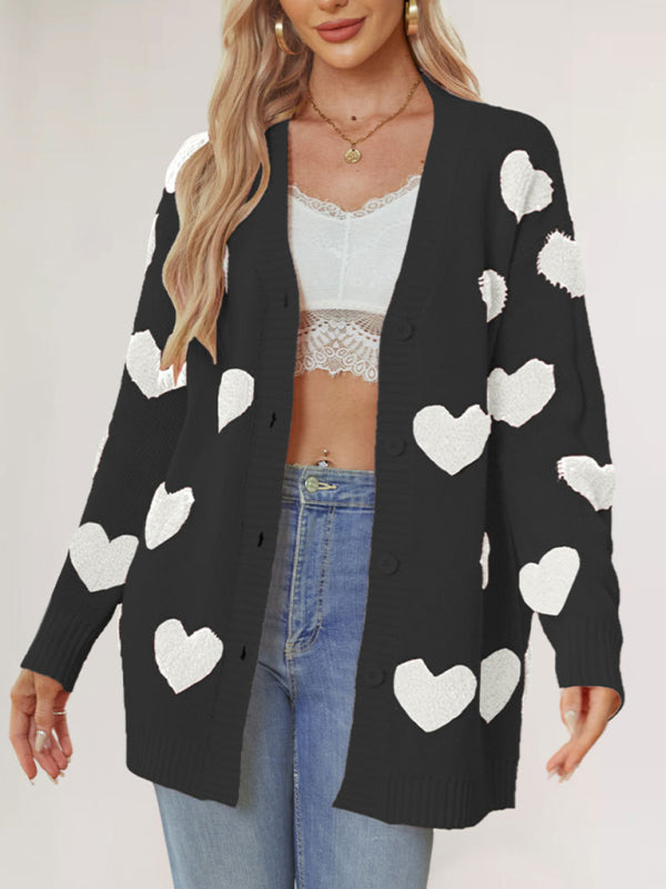 Valentine’s Day Heart Knitted Midi Jacket V-Neck Button Cardigan