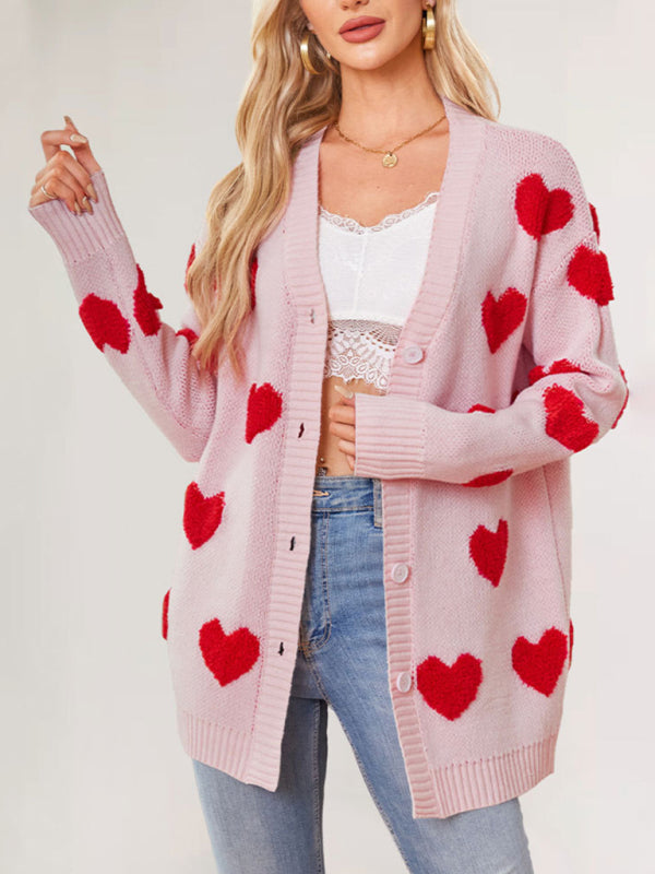 Valentine’s Day Heart Knitted Midi Jacket V-Neck Button Cardigan