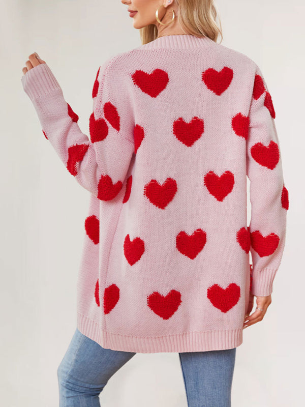 Valentine’s Day Heart Knitted Midi Jacket V-Neck Button Cardigan