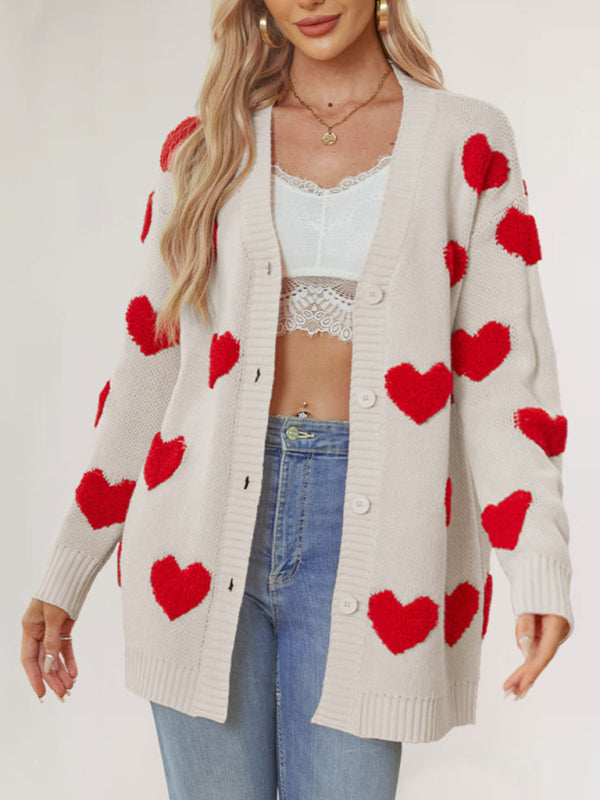 Valentine’s Day Heart Knitted Midi Jacket V-Neck Button Cardigan