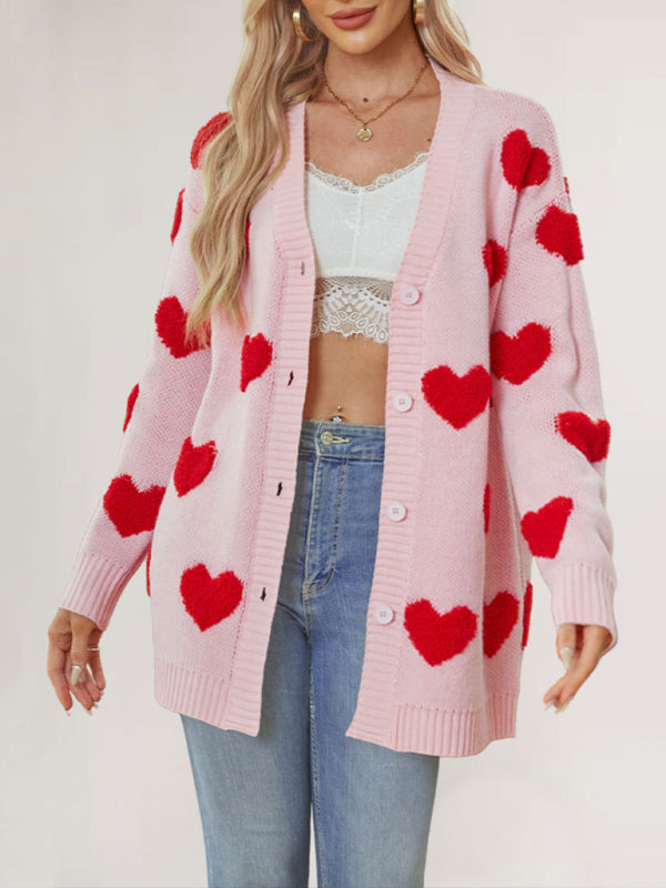 Valentine’s Day Heart Knitted Midi Jacket V-Neck Button Cardigan - Pink / S