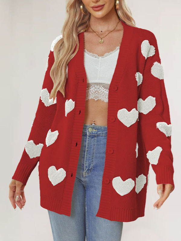 Valentine’s Day Heart Knitted Midi Jacket V-Neck Button Cardigan - Red / S