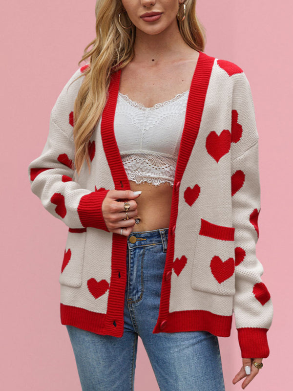 Valentine’s Day Heart Peach Cardigan Pocket V-neck Knitted Jacket