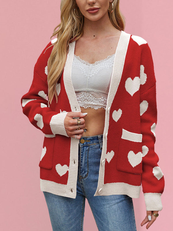 Valentine’s Day Heart Peach Cardigan Pocket V-neck Knitted Jacket