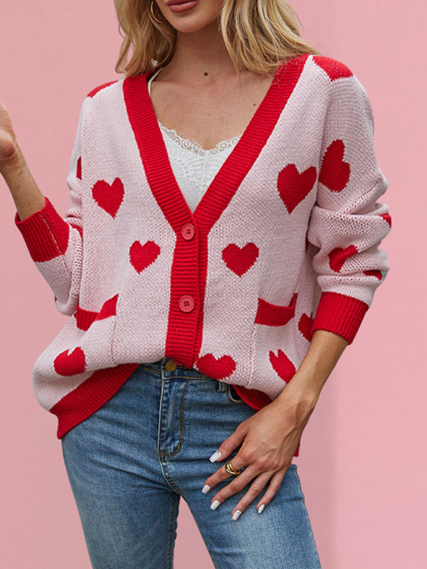 Valentine’s Day Heart Peach Cardigan Pocket V-neck Knitted Jacket - Pink / S