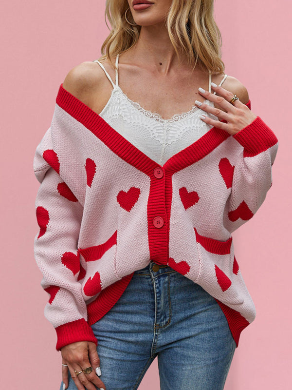 Valentine’s Day Heart Peach Cardigan Pocket V-neck Knitted Jacket