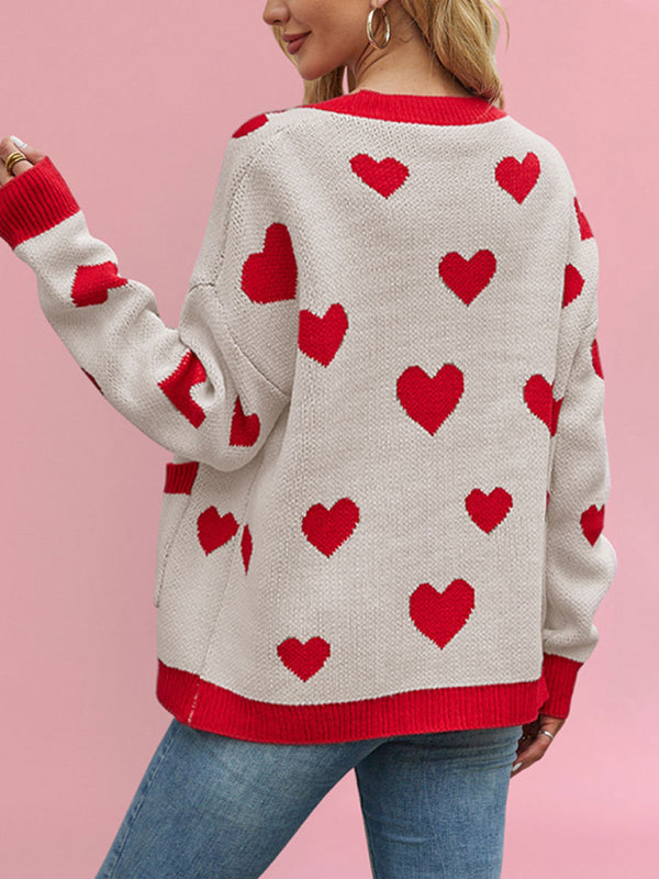 Valentine’s Day Heart Peach Cardigan Pocket V-neck Knitted Jacket