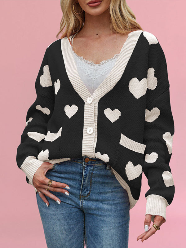 Valentine’s Day Heart Peach Cardigan Pocket V-neck Knitted Jacket - Black / S