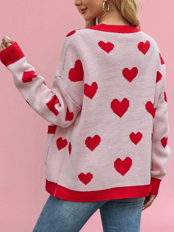 Valentine’s Day Heart Peach Cardigan Pocket V-neck Knitted Jacket