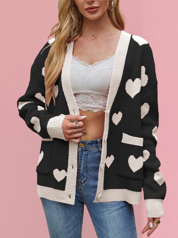 Valentine’s Day Heart Peach Cardigan Pocket V-neck Knitted Jacket