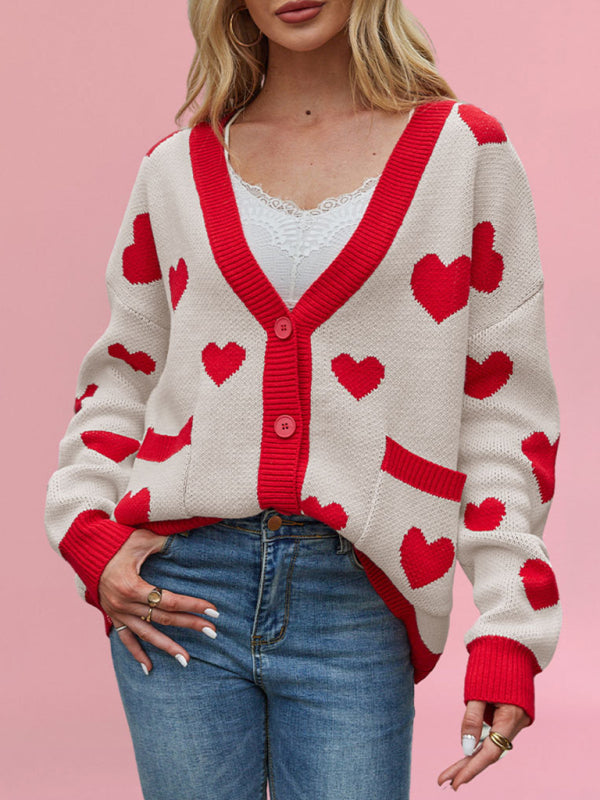 Valentine’s Day Heart Peach Cardigan Pocket V-neck Knitted Jacket - Cracker khaki / S