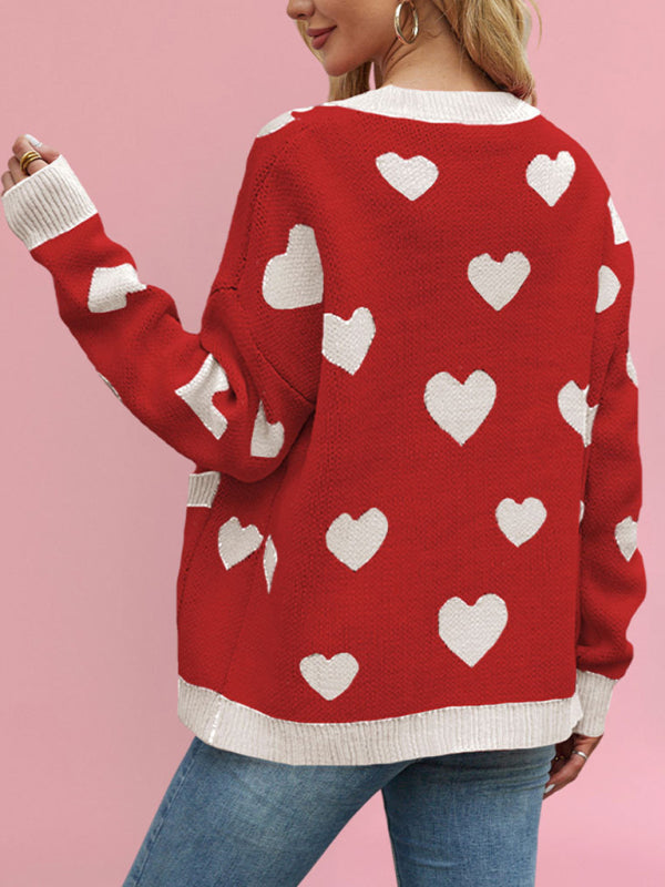 Valentine’s Day Heart Peach Cardigan Pocket V-neck Knitted Jacket