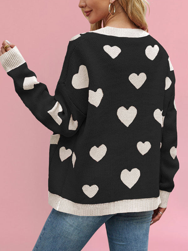 Valentine’s Day Heart Peach Cardigan Pocket V-neck Knitted Jacket