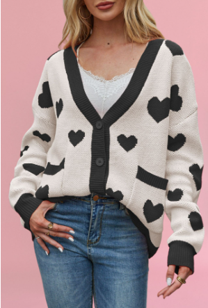 Valentine’s Day Heart Peach Cardigan Pocket V-neck Knitted Jacket - Pattern / S