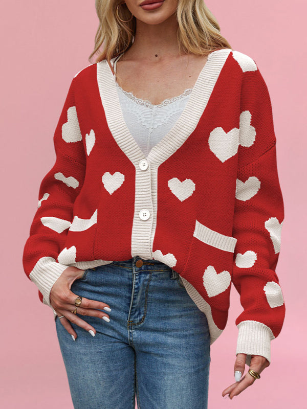 Valentine’s Day Heart Peach Cardigan Pocket V-neck Knitted Jacket - Red / S