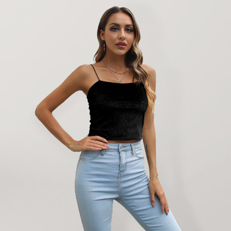 Velvet short small camisole women’s outerwear retro bottoming tops - Black / S