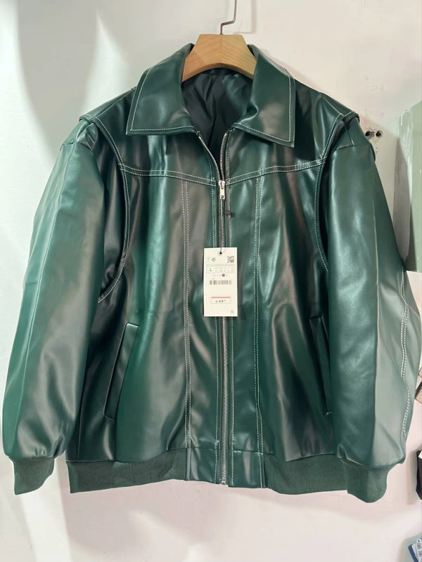 Vintage Leather Motorcycle Jacket - Green black jasper / S