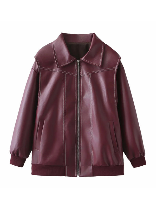 Vintage Leather Motorcycle Jacket - Wine Red / S