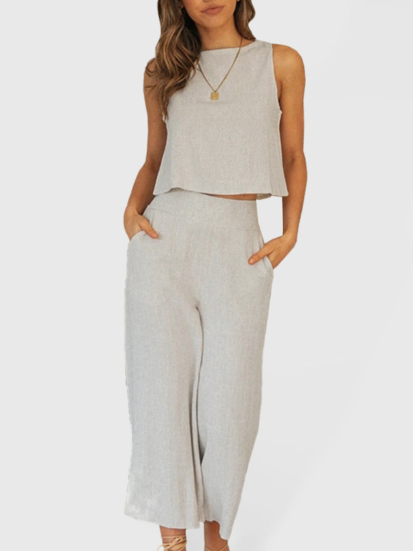 Vintage Sleeveless Cotton Pants Set - Raw white off white / S