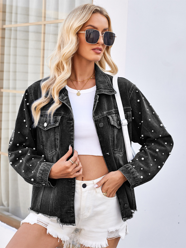 Washed Beaded Long Sleeve Casual Denim Jacket Top - Black / S