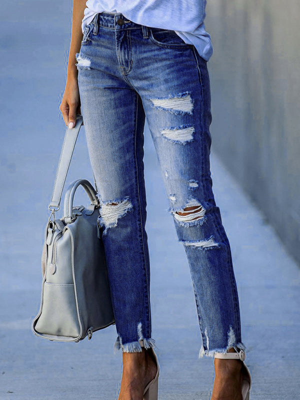 Washed Frayed Tassel Jeans Slim High Elastic Small Feet Trousers - Purplish blue navy / S
