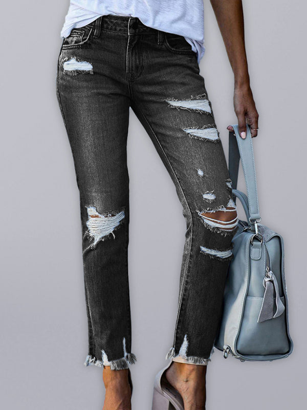 Washed Frayed Tassel Jeans Slim High Elastic Small Feet Trousers - Black / S