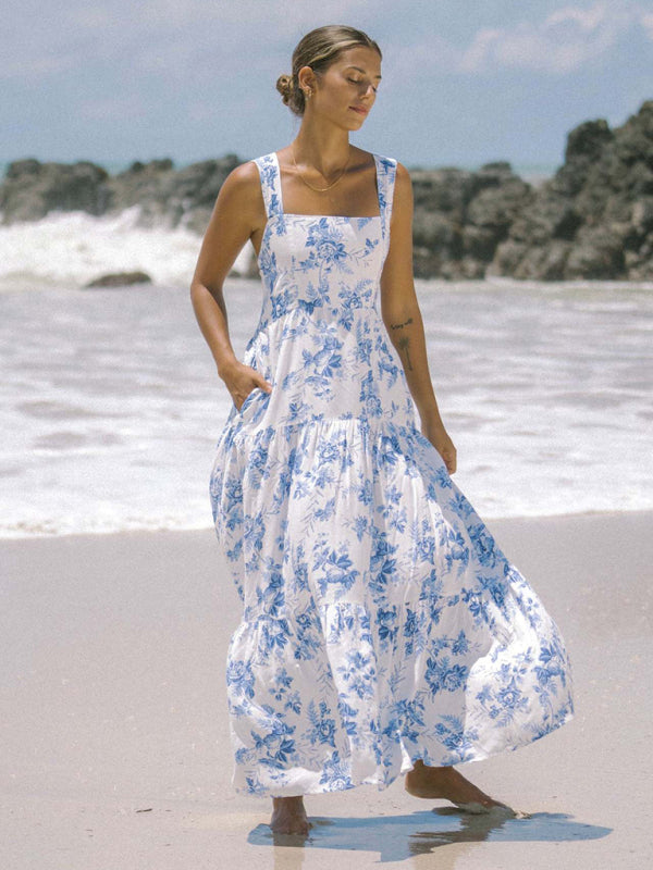 White and blue floral print bohemian holiday beach dress loose suspender dress - White / S