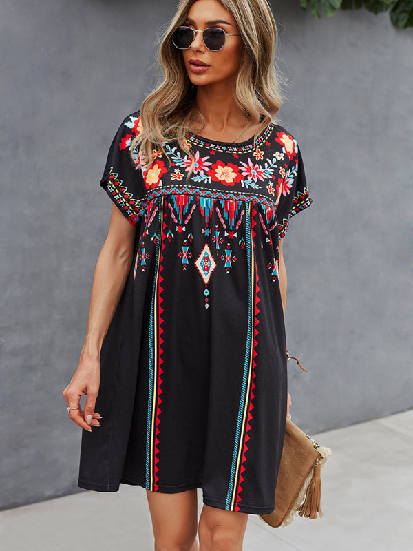 Woman knitted round neck casual holiday short -sleeved dress - Black / S