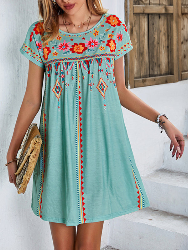 Woman knitted round neck casual holiday short -sleeved dress - Green / S