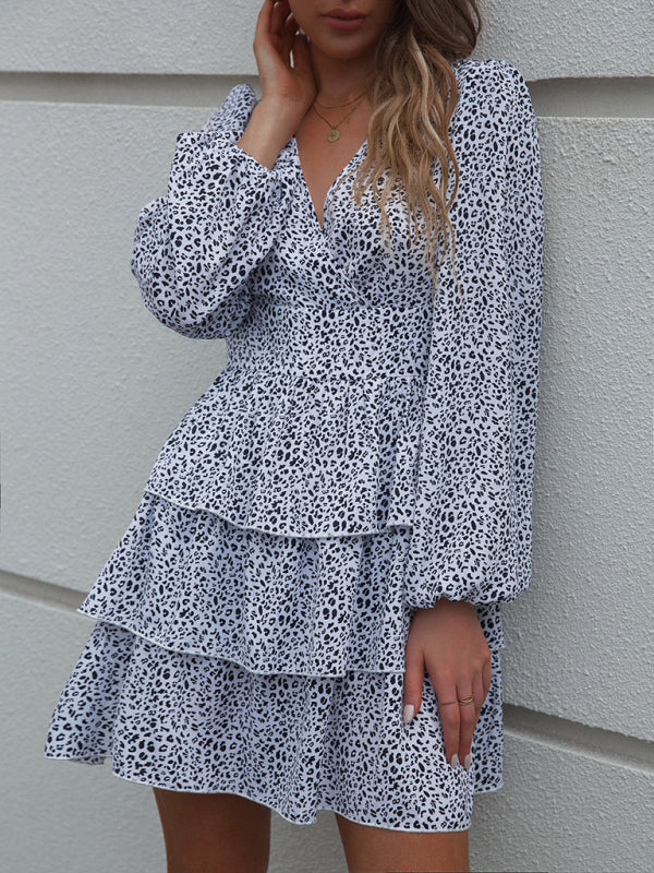 Woman'S Spring And Autumn New Cake Skirt V-Neck Waist Puff Sleeve Polka Dot Print Dress - Closther