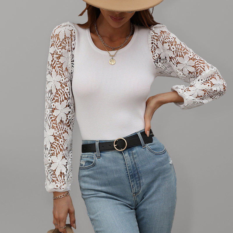 Women Floral Lace Sleeve Knit Top - White / S