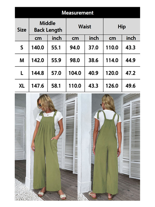 Women's 2022 summer solid color wide-leg cotton and linen overalls - Closther