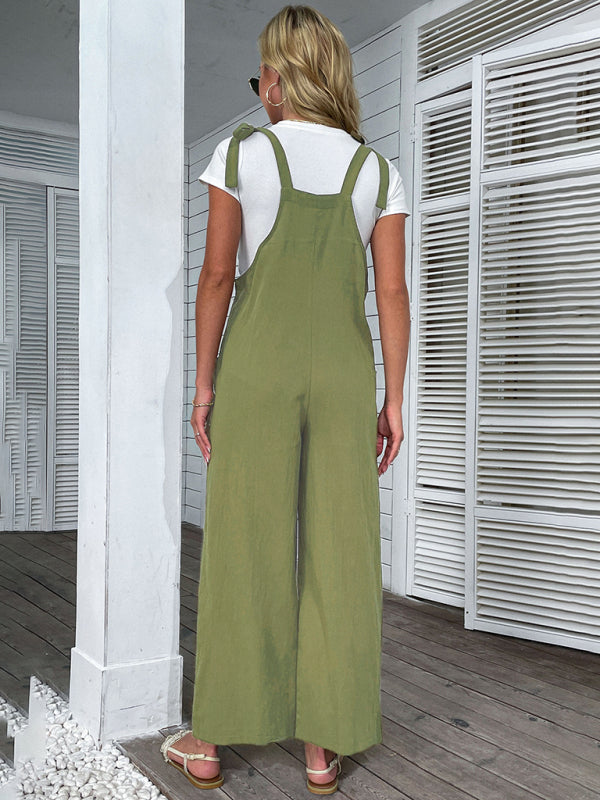 Women's 2022 summer solid color wide-leg cotton and linen overalls - Closther