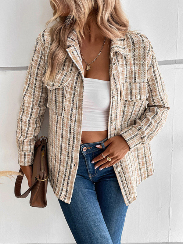 Women’s autumn and winter long-sleeved plaid shirt outerwear - Khaki / S