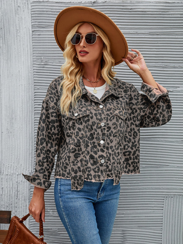 Women’s Autumn and Winter New Leopard Print Fashion Casual Denim Short Jacket