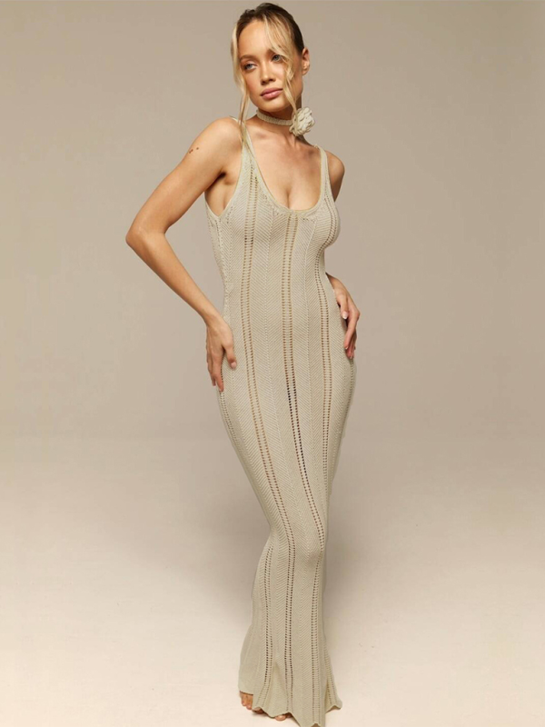 Women’s backless sexy hip-wrapped knitted beach dress cover-up dress - Cracker khaki / S