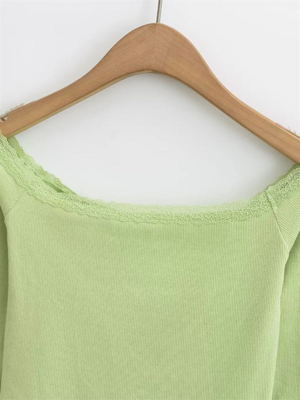 Women’s bateau neck lace patchwork long-sleeved T-shirt