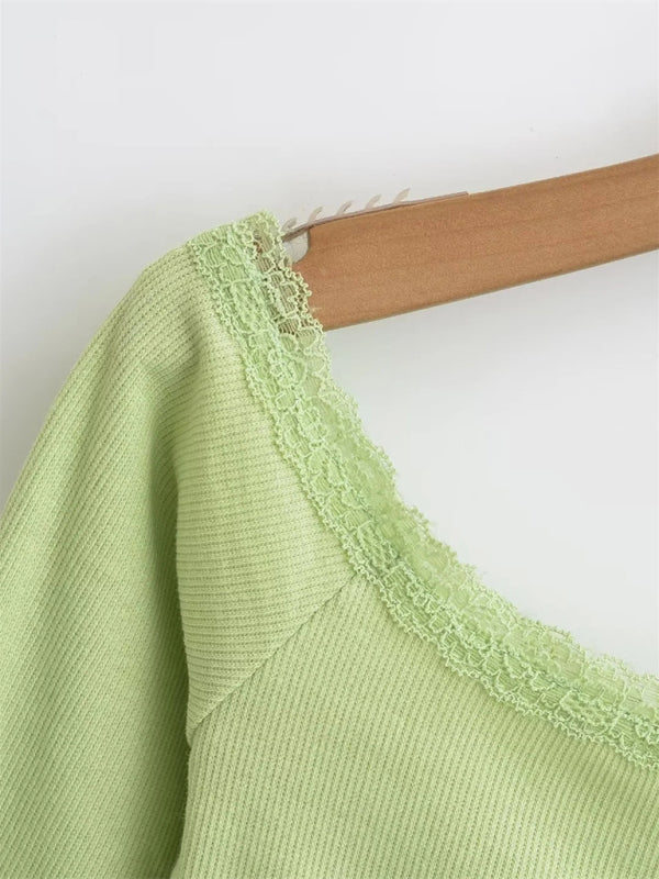 Women’s bateau neck lace patchwork long-sleeved T-shirt