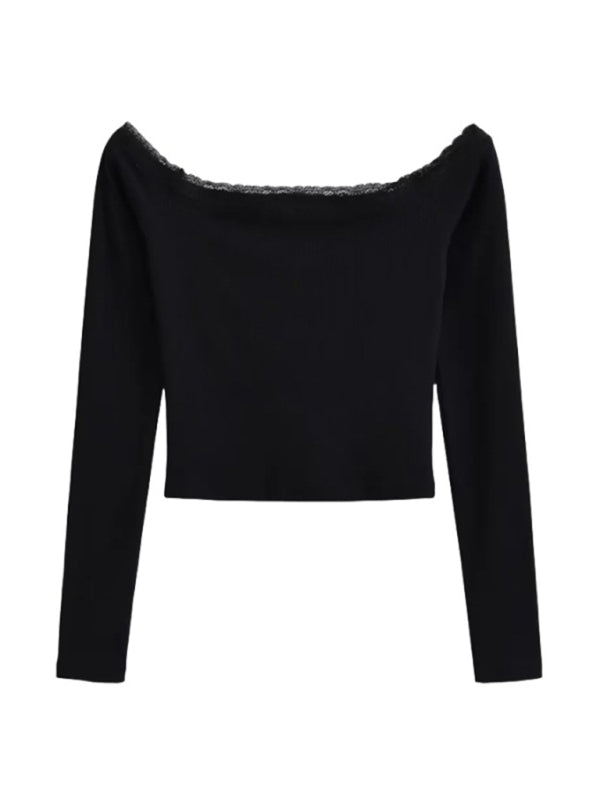 Women’s bateau neck lace patchwork long-sleeved T-shirt - Black / S