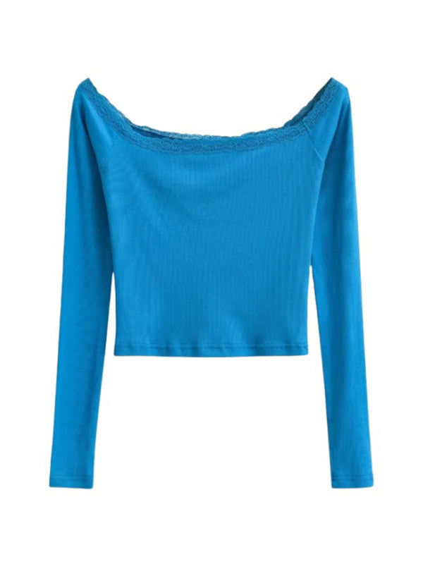 Women’s bateau neck lace patchwork long-sleeved T-shirt - Blue / S