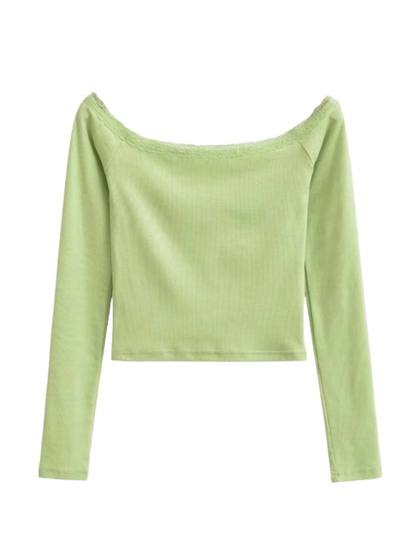 Women’s bateau neck lace patchwork long-sleeved T-shirt - Green / S