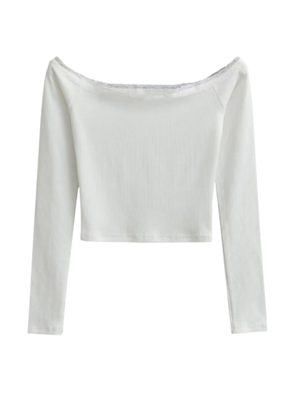 Women’s bateau neck lace patchwork long-sleeved T-shirt - White / S