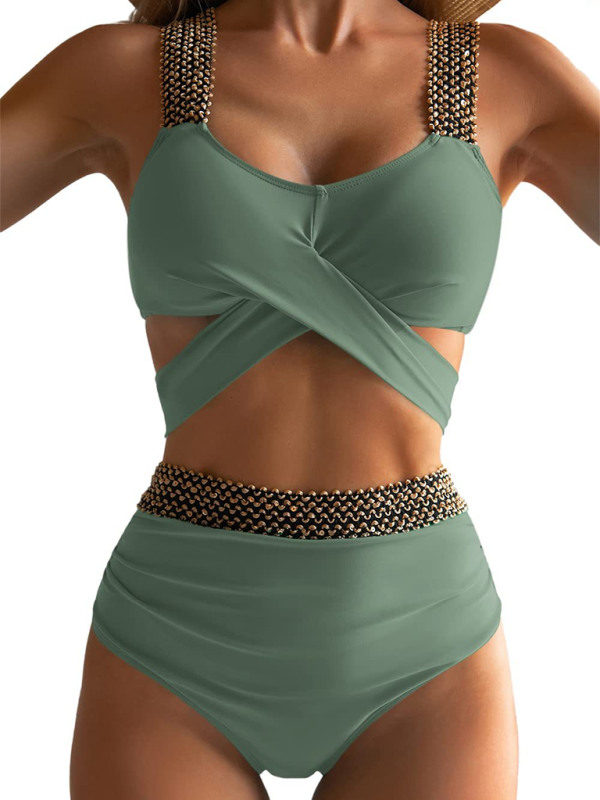 Women’s bikini two-piece tight swimsuit sexy cross backless bikini - Green / S