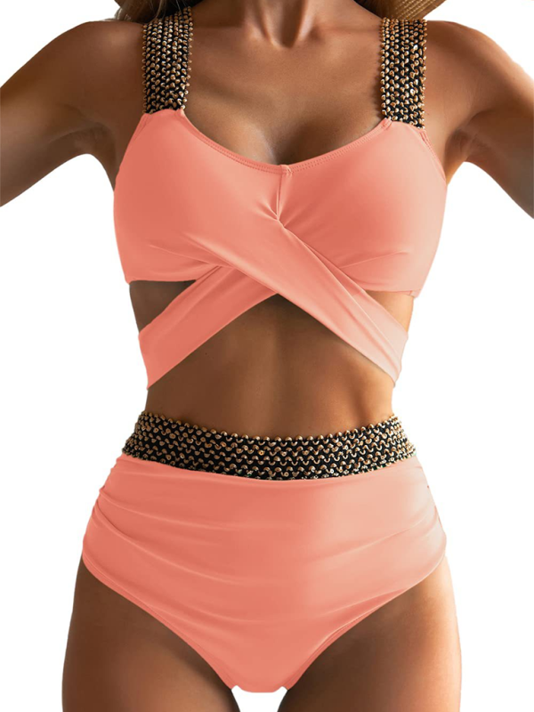 Women’s bikini two-piece tight swimsuit sexy cross backless bikini - Lotus root Pink / S