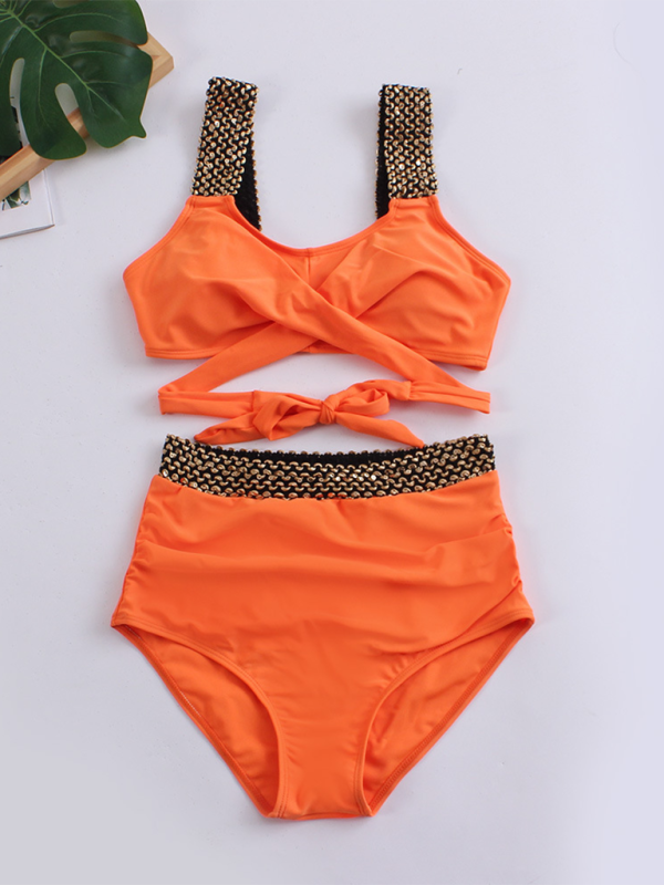 Women’s bikini two-piece tight swimsuit sexy cross backless bikini - Orange / S